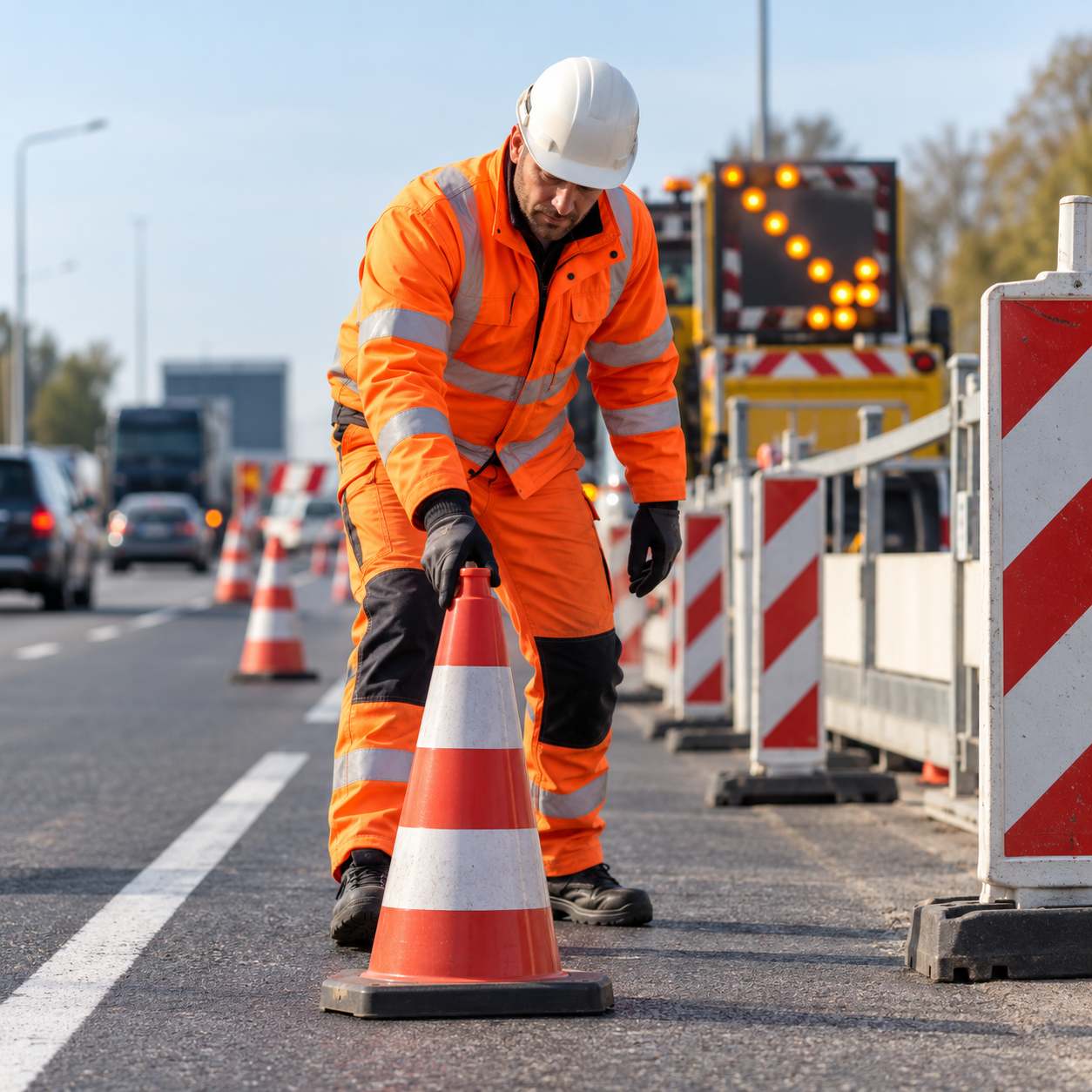 Wegwerker werkt veilig langs de weg tijdens Code 95