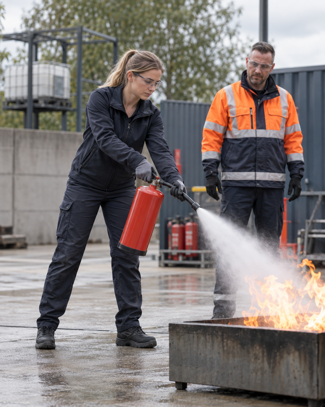 Cursist oefent het blussen van een beginnende brand tijdens een BHV-cursus