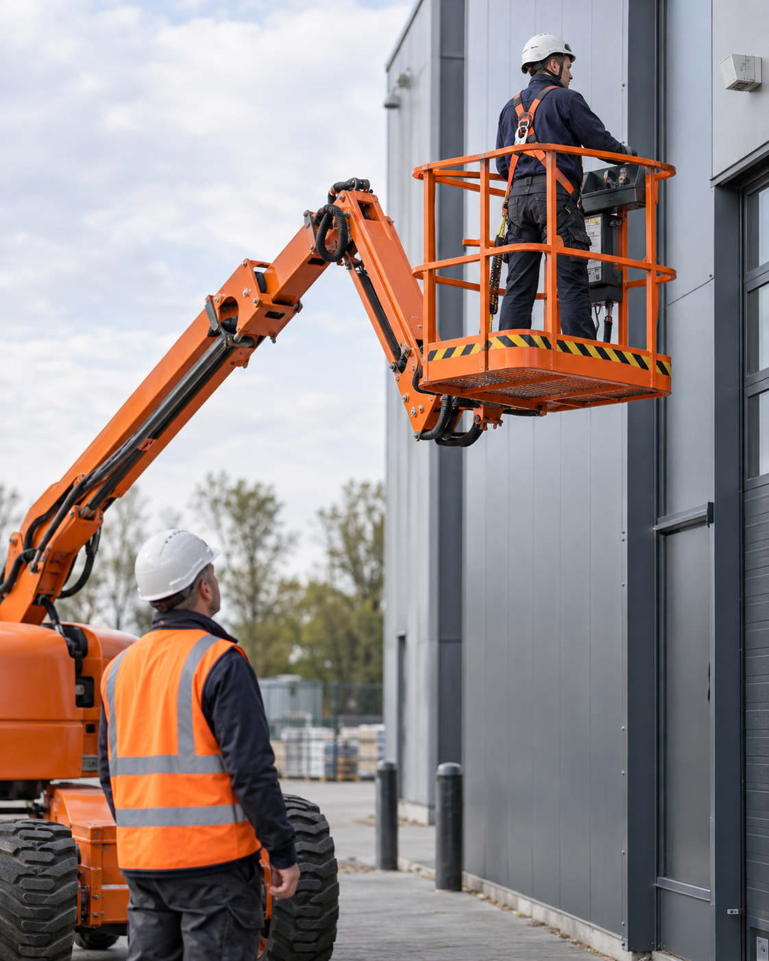 Cursist werkt veilig op hoogte met een hoogwerker tijdens een praktijktraining
