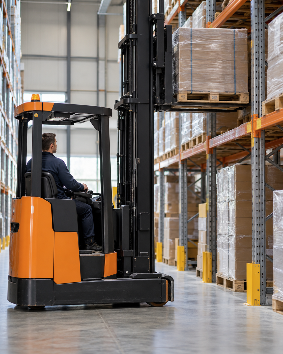 Cursist oefent veilig werken met een reachtruck in een magazijn