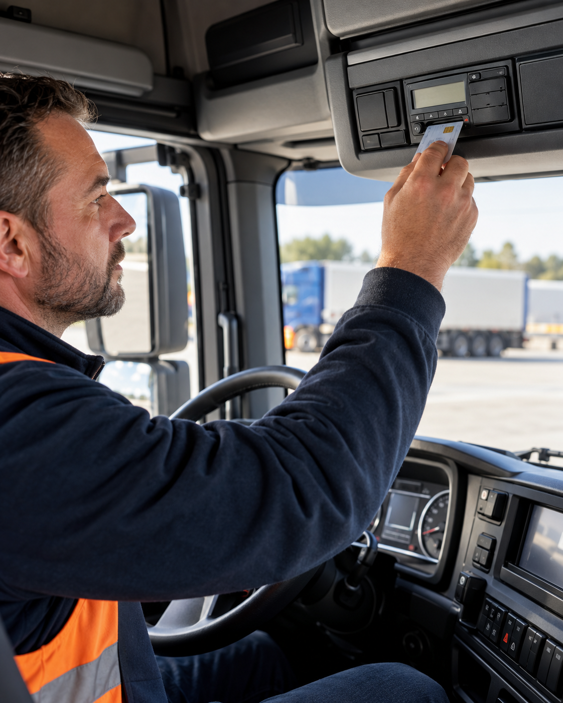 Digitale tachograaf in de cabine van een vrachtwagen tijdens een Code 95-cursus