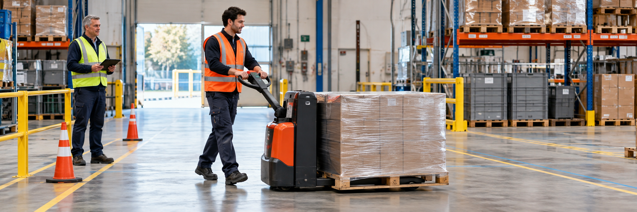 Cursist bestuurt een elektrische pallettruck tijdens een training intern transport