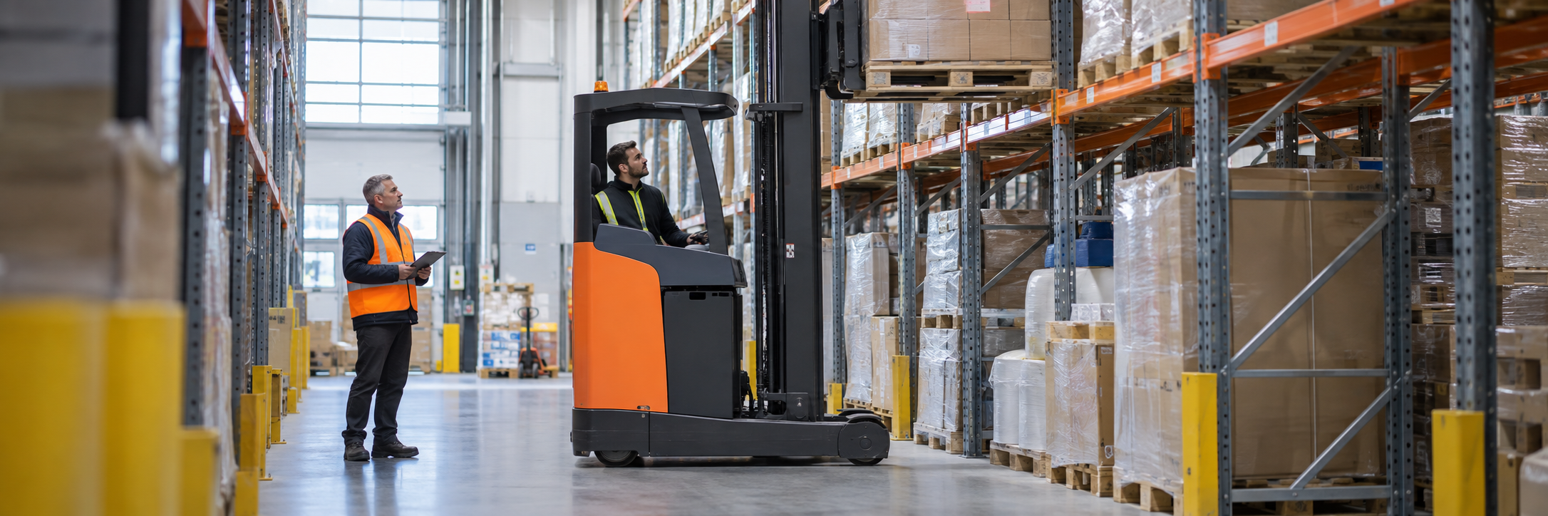Cursist oefent veilig werken met een reachtruck in een magazijn